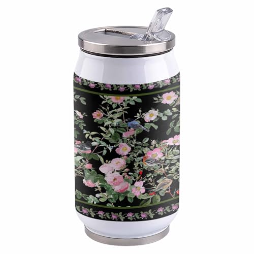 Spring Flower 10oz Stainless Steel Tumbler with Lid & Straw-Double Wall Vacuum Insulated Travel Mug Birds Flower Ethnic Pastoral Black Water Bottle Coffee Beverage Drinks Cup - size: 10 Ounces