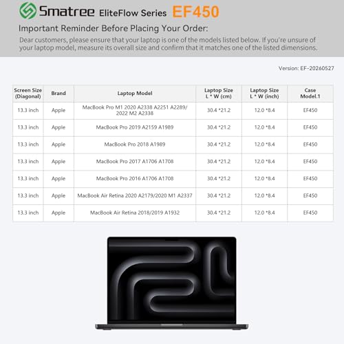 Smatree EliteFlow Laptop Sleeve for 13.3 inch Apple MacBook Pro 2022 M2 A2338/M1 2020 A2289/2019 A2159 A1989/2018/2017/2016, for MacBook Air Retina 2020 M1 A2337/2019/2018, Protective Case(EF450) - size: 1.05| for APPLE 13.3" MacBook Pro/Air(EF450)