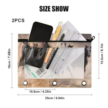 Kcldeci 3 Ring Pencil Pouch, Horse Anmail Wildlife 2 Packs Bulk Zipper Pencil Case Pencil Pouches with Clear Window for Storing School Office Supplies - color: A02
