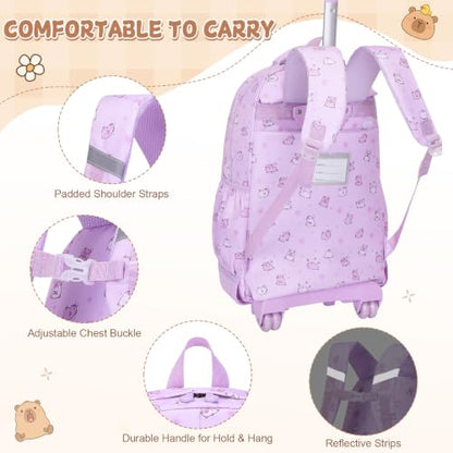 Capybara Theme Rolling Backpack with Lunch Bag & Pencil Case, Kids Rolling Backpack for Girls, Wheeled School Bookbag with Telescoping Handle for Kindergarten Elementary Middle High School - color: Purple