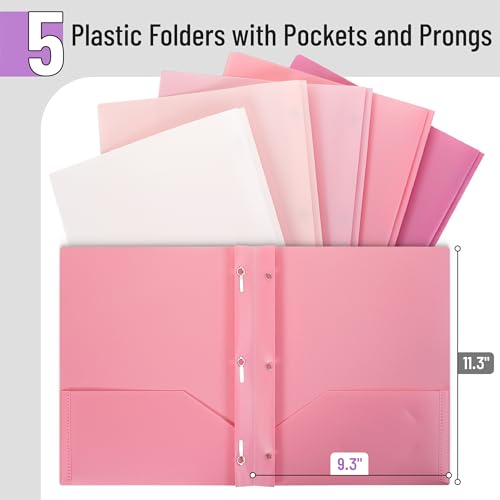 Mr. Pen- Plastic Folders with Pockets and Prongs, 5 Pack, Letter Size | File Folders with Fasteners, 2 Pocket Folder - color: Dusty Rose, size: 5 Pack