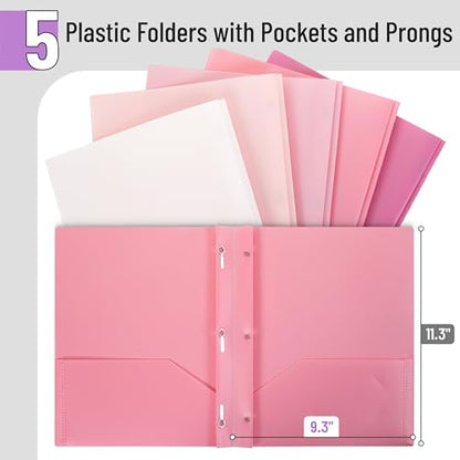 Mr. Pen- Plastic Folders with Pockets and Prongs, 5 Pack, Letter Size | File Folders with Fasteners, 2 Pocket Folder - color: Dusty Rose, size: 5 Pack