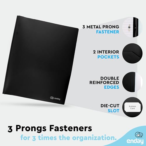 Plastic Folders with Pockets and Prongs Black, Two Pocket Folder with Brads, 3 Prong Folders with Pockets for Letter Size Sheets (6 Pack) - By Enday - color: Black