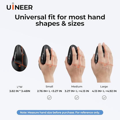Uineer Vertical Ergonomic Mouse, Wireless Bluetooth Mouse, 3-Device | Switch among 3 devices via dual Bluetooth and 2.4G; rechargeable with 7-color ambient lighting. - color: Black