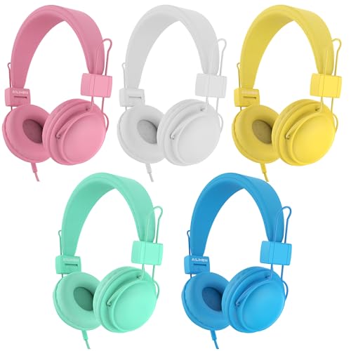 AILIHEN Kids Headphones Wired Bulk 5-Pack for K-12th Grade, School & Classroom, with Microphone, 85dB Volume Limit, Shareable, Foldable, 3.5mm Jack for Chromebook, Computer - Light Color - color: Light Color