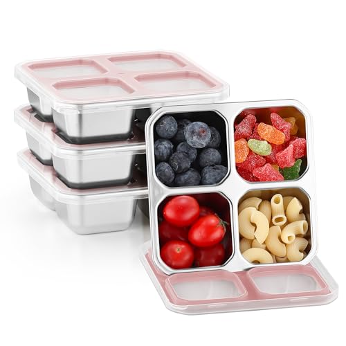 BEFOY 4 Pack Stainless Steel Snack Containers with Lids 4 Compartment Food Storage Containers for Adults & Kids Meal Prep Containers Reusablele (pink, 4) - color: Pink, size: 4