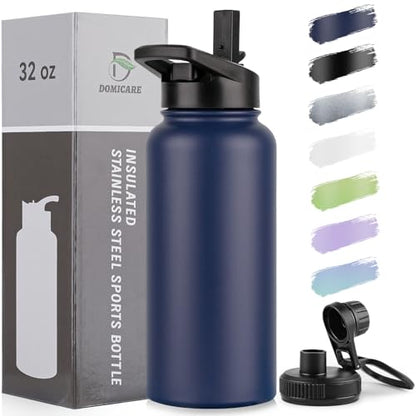 DOMICARE 32 oz Insulated Water Bottle, Vacuum Insulated Stainless Steel Sports Water Bottle with Straw Lid & Spout Lid, Leakproof, Reusable - Travel, Camping, Bike, Navy Blue - color: Navy Blue, size: 32 Ounces