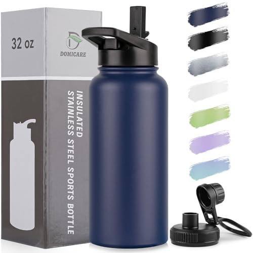 DOMICARE 32 oz Insulated Water Bottle, Vacuum Insulated Stainless Steel Sports Water Bottle with Straw Lid & Spout Lid, Leakproof, Reusable - Travel, Camping, Bike, Navy Blue - color: Navy Blue, size: 32 Ounces