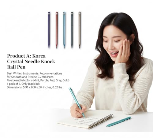 Korea Crystal Needle Knock Ball Pen Set, 0.7mm Fine Point Black Ink, Smooth Writing Pens for School, Office, Journaling, 5 Color Pack (Mint, Purple, Red, Gray, Gold)