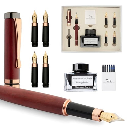 Wordsworth & Black Fountain Pen Gift Set, Includes Ink Bottle, 6 Cartridges, Refill Converter, 4 Replacement Nibs, Luxury Bamboo, Journaling, Calligraphy, Smooth Writing Pens [Violet Wood] - color: Violet Wood