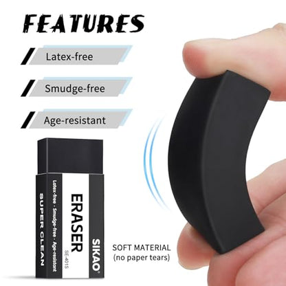 Black Erasers, 12 Pack Block Pencil Erasers | Smudge-Free Latex-Free Art Erasers for Adults Artists, Clean Erase for School, Homework, Office & Drawing - style: Black
