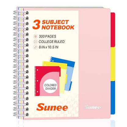 SUNEE Spiral Notebook, 3 Subject, College Ruled Paper, 8" x 10-1/2", 150 Sheets/300 Pages, 3 Pocket Colored Dividers, Water Resistant Cover, Pink - color: Pink