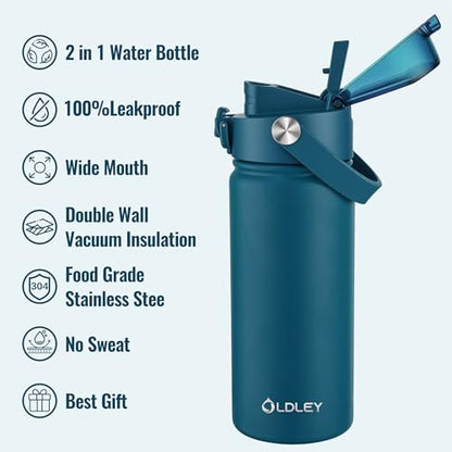 OLDLEY 18oz Insulated Water Bottle with 2-in-1 Straw & Chug Lid, Leakproof Stainless Steel Bottle, Cup Holder Friendly Vacuum Water Bottle for Travel, and School,Emerald Green - color: Emerald Green