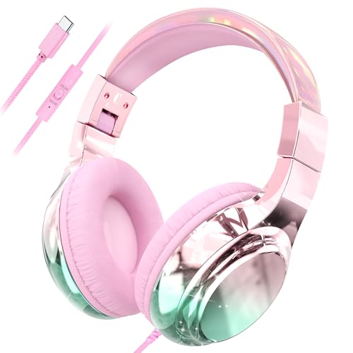 QearFun USB C Kids Headphones Wired with Mic, 85/94dB Safe Volume Limit, Foldable Over Ear, Tangle-Free Cord & Sharing Port, Wired On-Ear Headset for School, Chromebook, Tablet, Travel-Boys & Girls - color: Pink