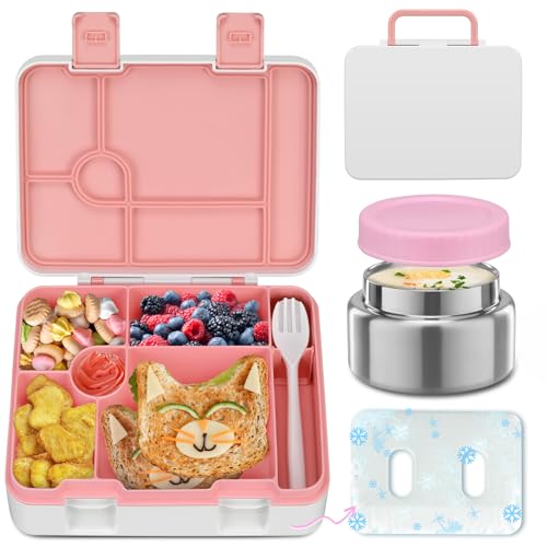 Bento Lunch Box Kids and 9oz Soup Thermo – 5.5-Cup Leakproof Kids Bento Box with Ice Pack & 9oz Insulated Food Jar – Hot & Cold Food Lunch Container for Boy Girl School, Pink Set - color: Pink Set