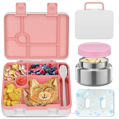 Bento Lunch Box Kids and 9oz Soup Thermo – 5.5-Cup Leakproof Kids Bento Box with Ice Pack & 9oz Insulated Food Jar – Hot & Cold Food Lunch Container for Boy Girl School, Pink Set - color: Pink Set