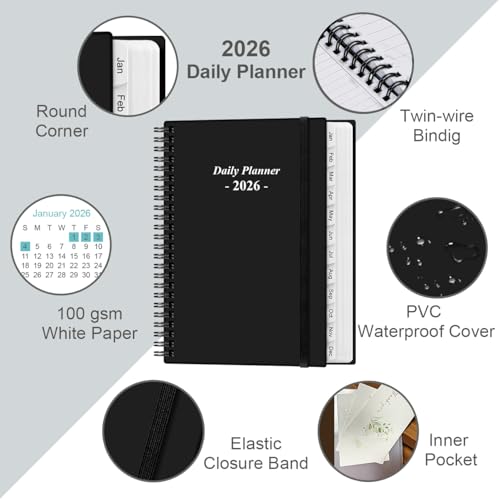 Daily Planner 2026 Full Page Per Day- 2026 Daily & Monthly Planner from January 2026 to December 2026, Day Planner 2026 with 12 Months Tabs, 6.4" x 8,5", Black - color: Black, size: 6.4" x 8.5"