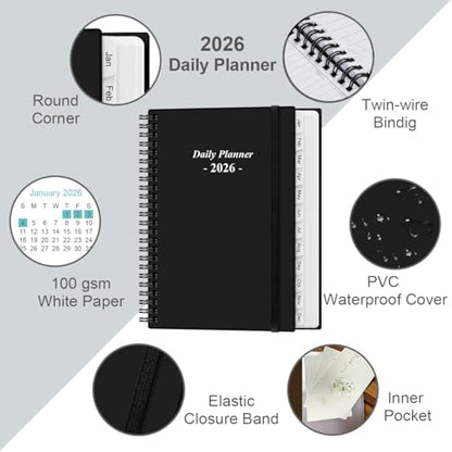Daily Planner 2026 Full Page Per Day- 2026 Daily & Monthly Planner from January 2026 to December 2026, Day Planner 2026 with 12 Months Tabs, 6.4" x 8,5", Black - color: Black, size: 6.4" x 8.5"