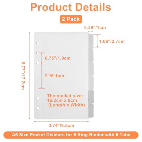 2 Pack A6 Pocket Dividers for 6 Ring Binder with 6 Tabs, Clear Side Open Organizer Sleeves for Cash, Cards, Photos - size: A6