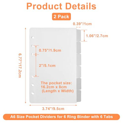 2 Pack A6 Pocket Dividers for 6 Ring Binder with 6 Tabs, Clear Side Open Organizer Sleeves for Cash, Cards, Photos - size: A6