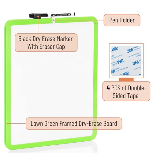 Mr. Pen- Dry Erase Board, 14” x 11” with a Black Dry Erase Marker | Lawn Green Frame, Small Mini White Board for Students, Fridge, Wall, Locker, Includes Double Sided Tapes - color: Lawn Green