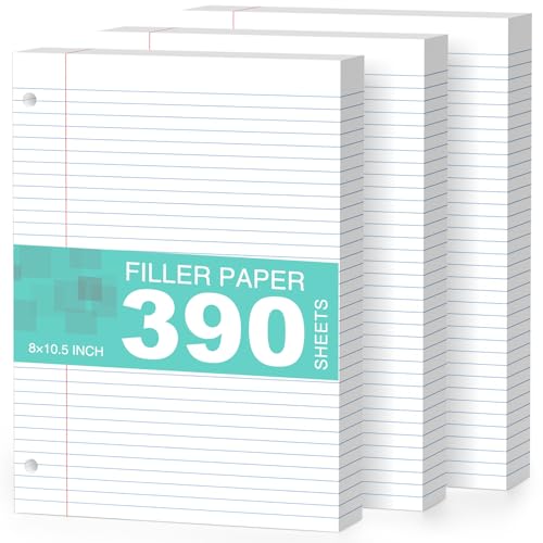 3-Pack White Loose Leaf Paper 390 Sheets Filler Paper 8 * 10.5 College Ruled 3-Hole Punched for 3-Ring Binders Notebook Lined 8" x 10.5" - color: White 3 Pack