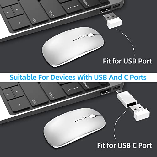 Wireless Mouse for Laptop Cpmputer,Bluetooth Mouse for MacBook,Silver | Rechargeale Dual Mode(USB 2.4Ghz + Bluetooth 5.2) Silent Portable Cordless Mice with USB C Adapter