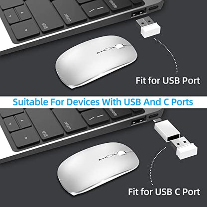 Wireless Mouse for Laptop Cpmputer,Bluetooth Mouse for MacBook,Silver | Rechargeale Dual Mode(USB 2.4Ghz + Bluetooth 5.2) Silent Portable Cordless Mice with USB C Adapter