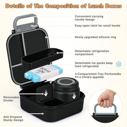 Bento Lunch Box for Kids with 7oz Soup Thermo,Insulated Stainless Steel Kids Water Bottle with Straw and Insulated Lunch Bag,Leak-Proof Lunch Food Container with Ice Pack for School(Black) - color: Black