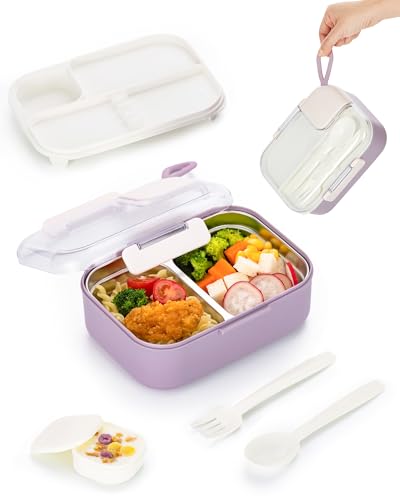 Lille Home 750 ML Meal Prep Lunch Box, Portable Stainless Steel Bento Box 2 Compartment Snack Container with Cutlery Set & Sauce Container, Easy to Carry, BPA Free(Purple) - color: Purple