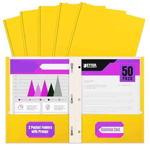 Better Office Products Yellow Paper 2 Pocket Folders with Prongs, 50 Pack, Matte Texture, Letter Size Paper Folders, 50 Pack, with 3 Metal Prong Fastener Clips, Yellow - color: Yellow