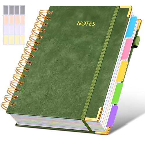 Hardcover Spiral Notebook journal with Removable Dividers Tabs, 300 Pages Leather 5 Subject Notebook College Ruled, 100GMS A5 Notebooks for Work School Note taking,Lined Journal for Women,A5-Green - color: Green, size: 6.2"x8.2"