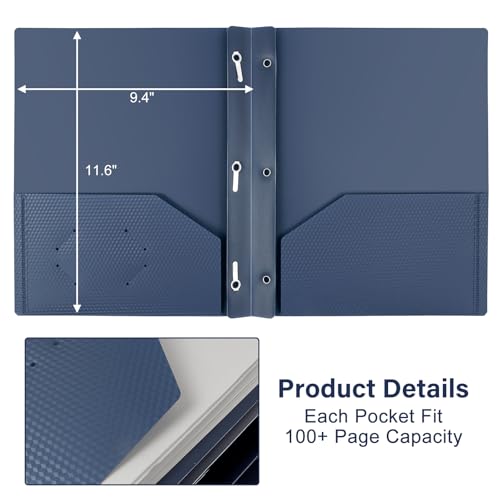 12-Pack Plastic Folders with Pockets and Prongs,2-Pocket Folders with 3 Fasteners, Poly Folders Holds 8-1/2" x 11" Paper for School/Office/Home, Blue - color: Dark Blue, size: 12-Pack