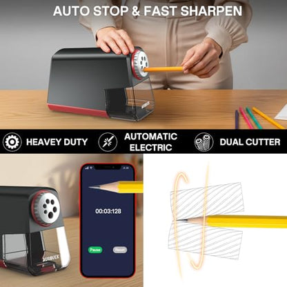 Heavy Duty Electric Pencil Sharpener S280, 6-Hole for Classroom Use | Auto Stop, 3s Sharpening, Dual Cutter, Large Shavings Bin, Safety Switch, Non-Slip Feet, 6-12mm,Office/Home Pencil Sharpener