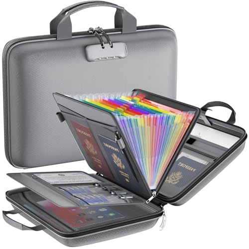 Fireproof File Organizer with Lock, Hard Case Fireproof Document Box with 13 Colorful Pockets Accordion File Folder, Important Document Organizer for Letter A4 Files Laptop Passports (Grey) - color: Grey, style: 13 Pockets, Colorful