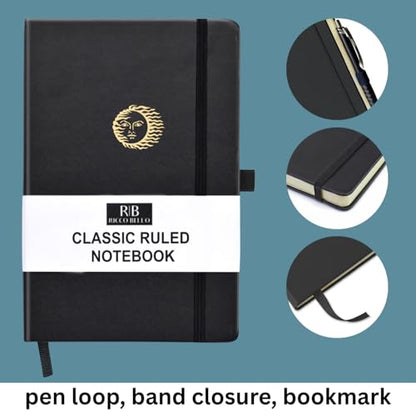 RICCO BELLO Lined Journal Notebook, Sun, 5.7 x 8.4-Inches | Faux Leather Hardcover, College Ruled, 96 Sheets / 192 Pages, Pen Holder, For Work & Notes - color: Black Sun