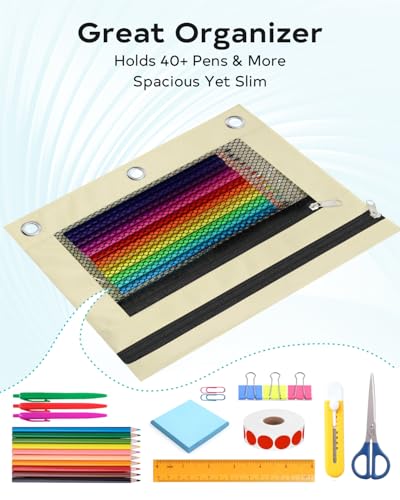 Pencil Pouch for 3 Ring Binder - 3 Hole Zipper Pen Case Bag Holder Bulk Accessories Clear Window Aesthetic Organizer Pockets - color: Beige