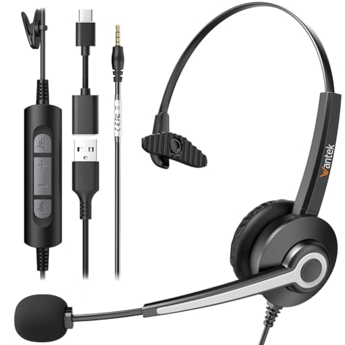 Wantek USB-A/USB C/3.5mm Jack 3-in-1 PC Headset, Wired & Noise with Noise-Cancelling Microphone for Laptop - Type-C Computer Headphones with Mic in-line Control for Home - color: Ultra Black