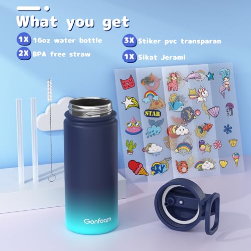 Gonfoam 16oz Kids Stainless Steel Insulated Water Bottle | DIY Stickers, BPA-free, Leak-proof, Sturdy, Keeps Cold 24h, Easy to Carry, Easy to Clean, Back to School, Gifts - color: Blue and Green, size: 16 Ounces