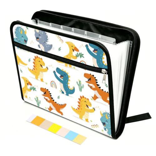 WEBEEDY Abstract Dinosaurs 13 Pockets Expanding File Folder with Labels and Zipper, Cute Dinosaurs Plants Prints Accordion Folder Portable File Organizer for A4 Paper Document Receipt Paperwork Office - color: Abstract Dinosaurs
