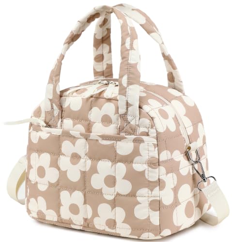 LEDAOU Quilted Insulated Lunch Bag for Women, 9L Puffy Lunch Tote with Adjustable Shoulder Strap, Reusable Water-Resistant Lunch Box for Work, School, Picnic & Travel - color: Brown Flowers, size: Regular 9L