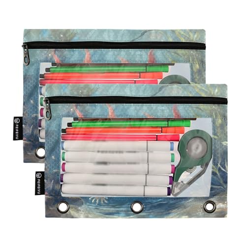 Cute Axolotls Algae Blue Binder Pencil Pouch 3 Ring Clear Pouches with Zipper Pen Organizer for Office College School, 2 Pack - color: Multi-cute Axolotls Algae Blue