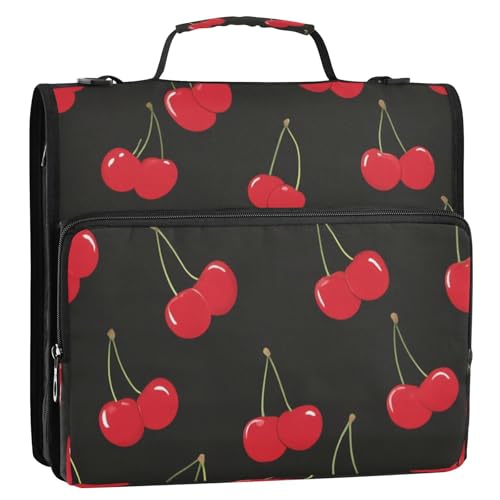 Caikeny 3 Ring Zipper Binder Red Cherry Black 1.5 inch Binders Bag with Shoulder Strap and Handle Expanding File Pockets - color: Multicolored 1z2.16