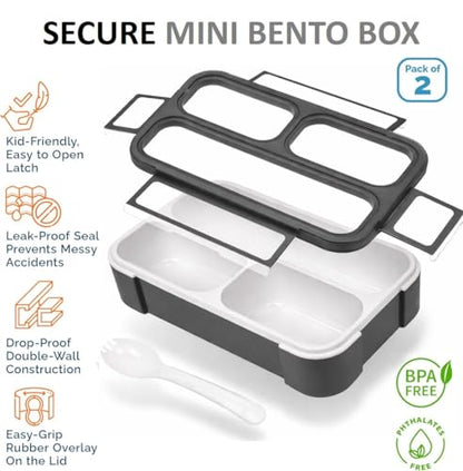 Small Snack Containers for Kids Teens - 3 Compartments (Set of 2) - Leak-Proof Boxes with Lids -BPA-Free Plastic Mini Bento Lunch Box - Ideal for School, Boys & Girls, Holds 2 Cups (Black + Gray) - color: Grey Black MINI 2pk