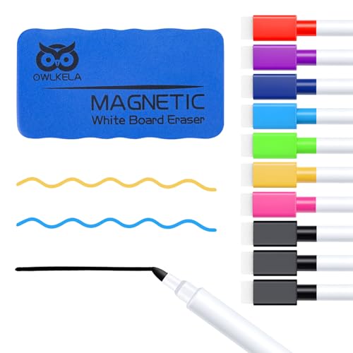 OWLKELA 10 Pcs Magnetic Erasable Markers, 8 Colors | Low Odor White Board Marker, with Eraser, Ideal for Office, Home and Classroom - size: 1 Count (Pack of 10)