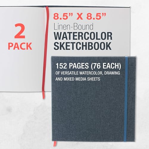 U.S. Art Supply 8.5" x 8.5" Watercolor Book (2 Pack, 76 Sheets Each) - 110lb (230 GSM) Linen-Bound Hardcover Artist Paper Pads - Acid-Free Cold-Pressed Watercolor Paper Pad Mixed Media - size: 8.5-x-8.5-inch