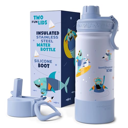 Bentoheaven Kids Water Bottle Stainless Steel for Boys & Girls, Blue | Reusable 17 oz insulated metal tumbler with 2 lids (chug and straw), leakproof design, silicone boot for school and sports. - color: Ocean Blue