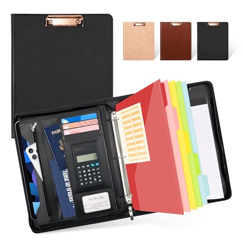 Ospelelf Zippered Padfolio Portfolio Folder, Leather Clipboard with Storage, 3 Ring Binder 1 Inch,12.1” Tablet Sleeve, 5 Dividers with Pocket, Refillable Notepad, Card Slot (Classic Black) - color: Black-1