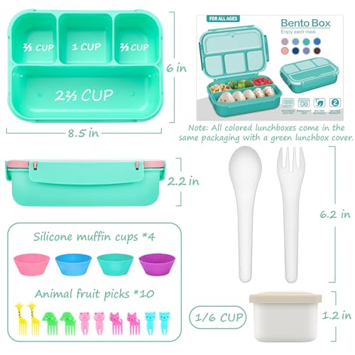QQKO Bento Box for Kids Adults, School Toddler Lunch Box for Boys Girls, Lunch Box Containers with 4 Compartments, Sauce Container, Utensils, Food Picks and Muffin Cups for School, Pink Green - color: Pink Green