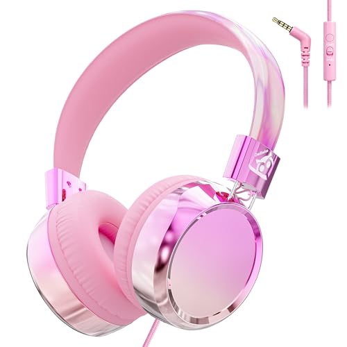 Owliwise Kids Headphones for School Travel, Safe 85/94dB Volume Limiter, HD Microphone, Over-Ear Foldable Headphones for Kids, Boys Girls, 3.5mm Wired for iPad Cord Tablet Computer, Aura Series - color: Pink